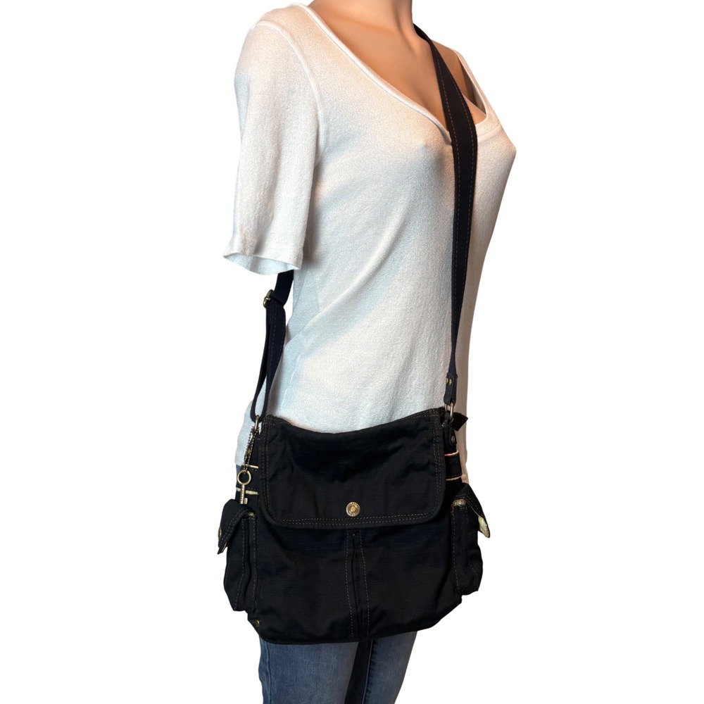 Vintage Fossil Black Nylon Crossbody Bag Y2K Organizer Multi Pocket